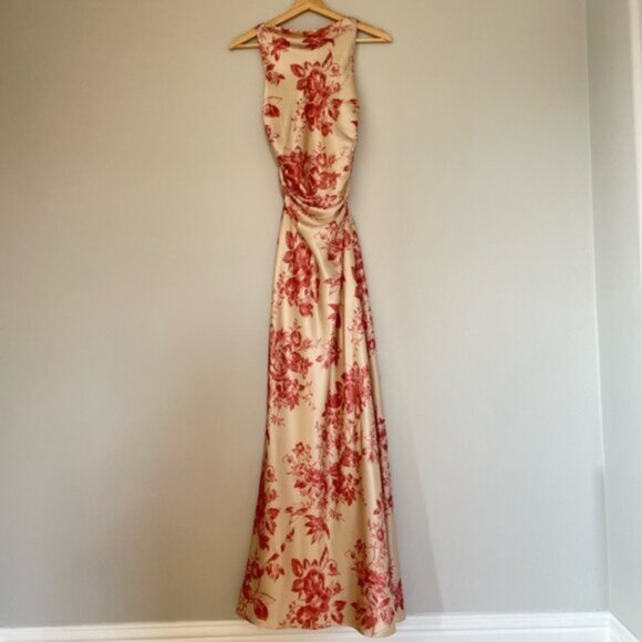 NEW Reformation Anaiis Long Silk Dress Cameo Rose Pink Cream Floral | size US 6 - Picture 7 of 12
